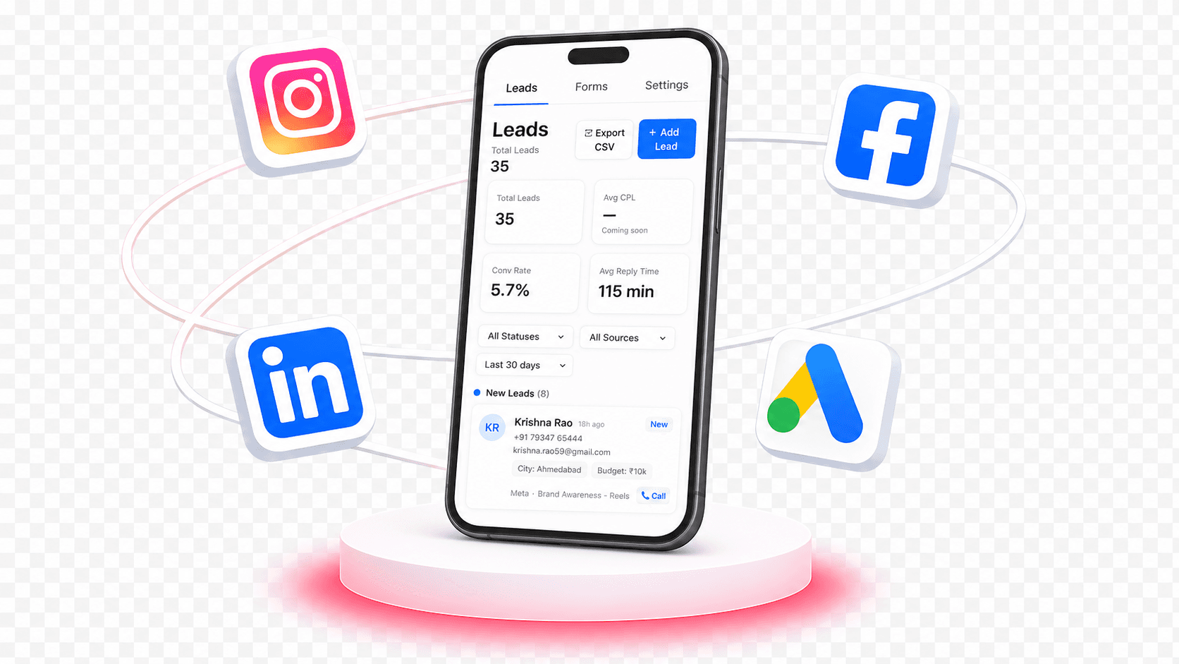 Phone mockup with social media app icons illustrating performance marketing campaigns by Kairos Media