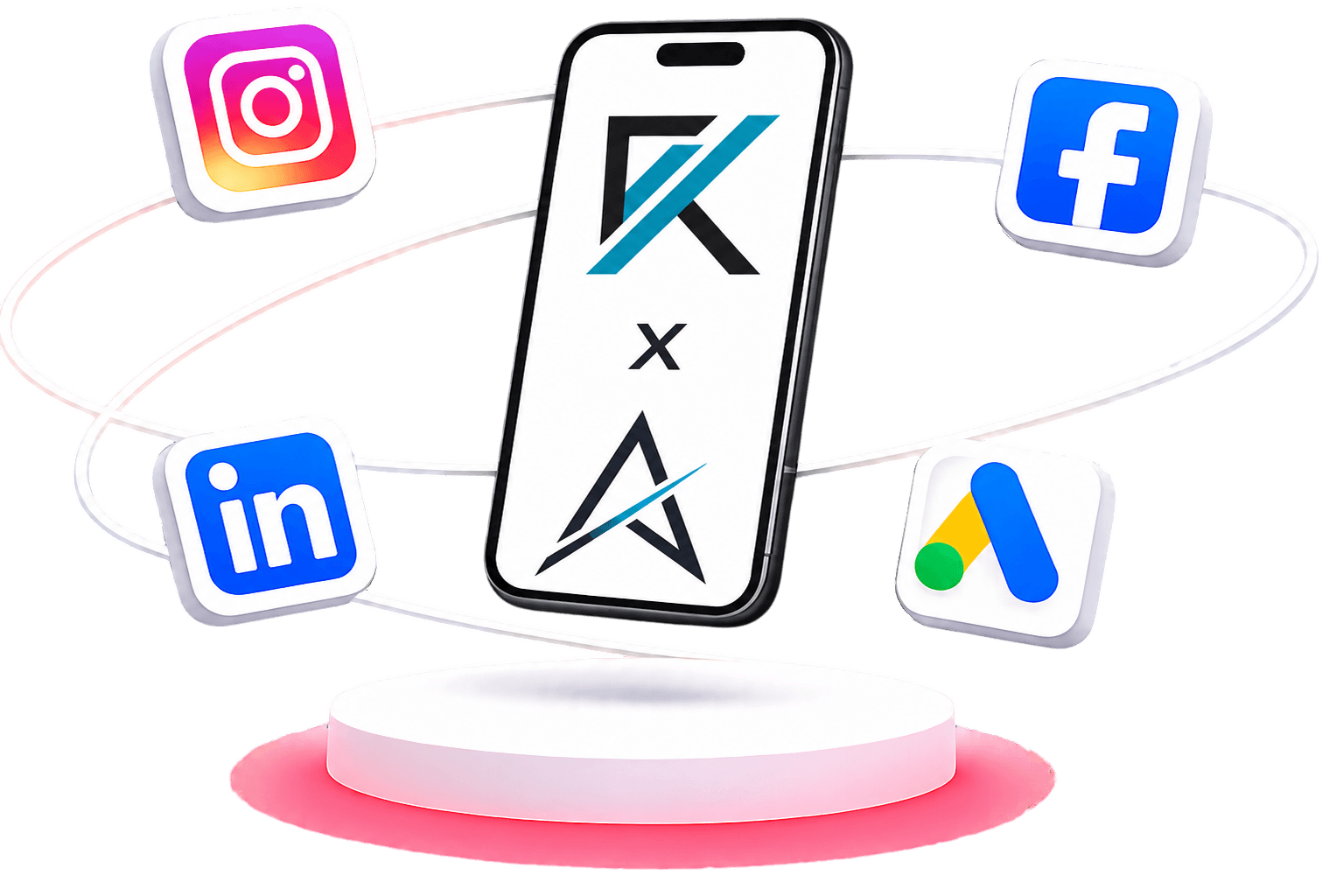 Phone mockup with social media app icons illustrating performance marketing campaigns by Kairos Media