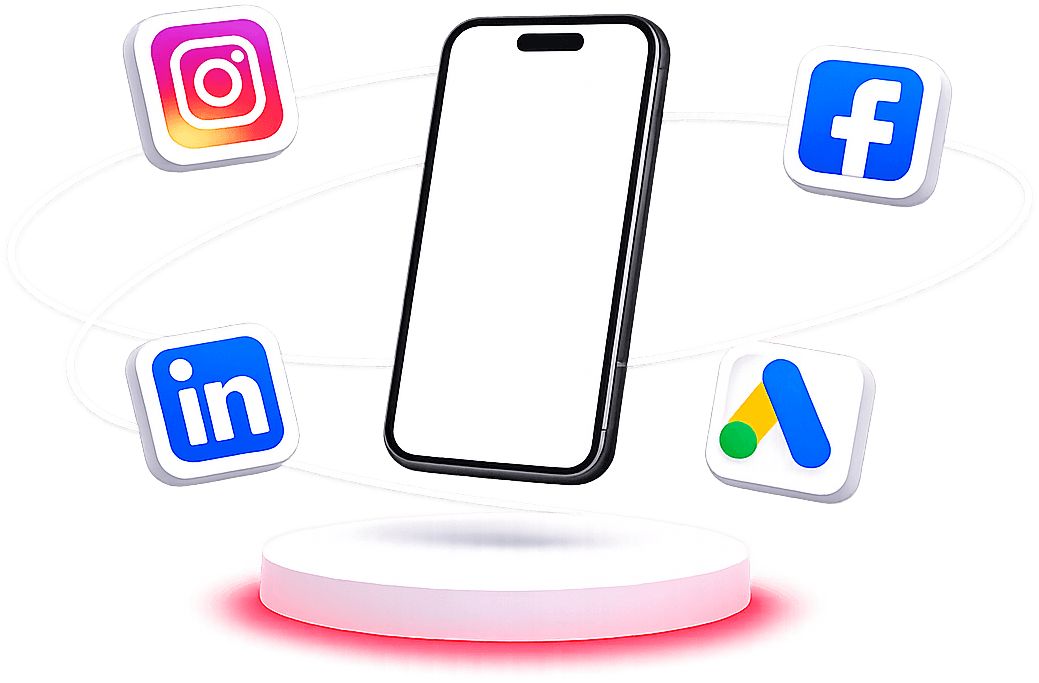 Phone mockup with social media app icons illustrating performance marketing campaigns by Kairos Media
